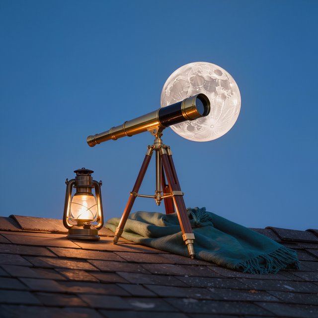 On a slate rooftop, exactly one brass telescope points east; one amber lantern sits to its left, one folded teal blanket lies beneath the tripod, and one pale moon hangs behind it in the clear sky, nothing else. — Model 9