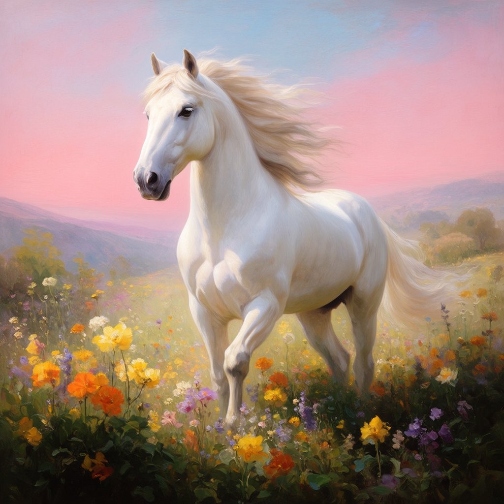 a regal white horse with a flowing mane, standing in a sun-dappled meadow filled with vibrant wildflowers. Gentle light illuminates the scene, highlighting the horse's powerful physique and the delicate details of the flowers. The style is reminiscent of Romantic era landscape paintings with a soft, impressionistic touch. — Krea 2 Large