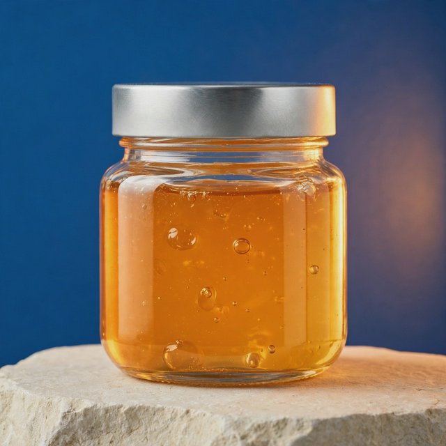 A squat unbranded honey jar with clear glass walls and a plain brushed-aluminum lid rests on honed pale limestone; broad diffused key light and warm rim light shape the commercial product image against a seamless cobalt-blue background, with no lettering. — Model 14