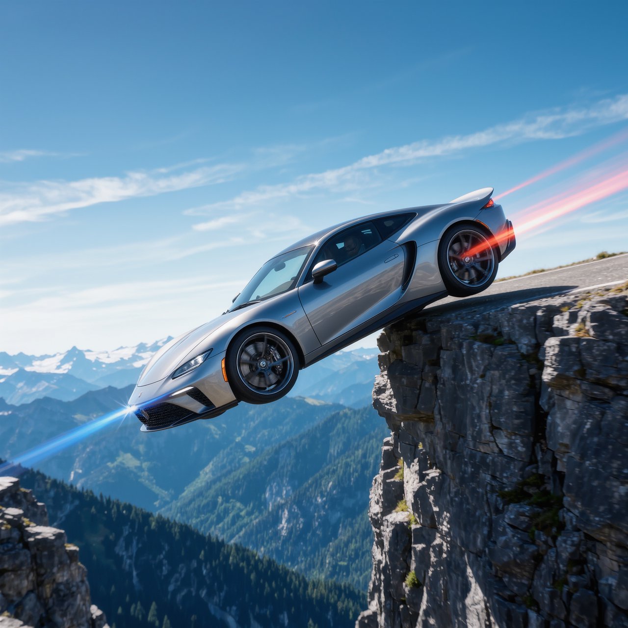 A sports car in a daredevil stunt has driven off a road from a high cliff, attempting to fly and land on the road on the next cliff. Beautiful mountainous background, sunny blue sky. Show motion, speed, and action. — Kling v3 Omni