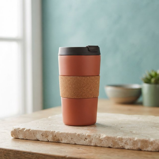 Commercial product photograph of an unbranded insulated travel mug made from matte terracotta powder-coated steel with a cork grip, standing on a pale limestone slab against a soft teal background, lit by broad diffused window light and a gentle edge light. — Nano Banana 2 Lite