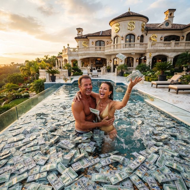 A wealthy adult couple swimming in a huge pool full of money, near a huge mansion with dollar signs on it, with a fun, happy vibe. — Nano Banana 2 Lite