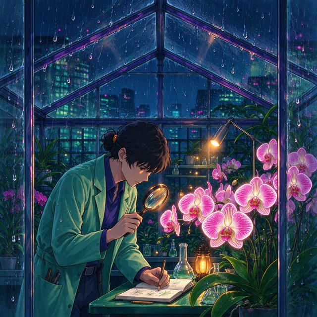 Rain beads on a rooftop greenhouse as an adult botanist studies luminous night-blooming orchids beneath glass panes; cel-shaded anime illustration in digital paint, palette of jade, magenta, indigo, and warm amber. — Seedream 5.0 Flash