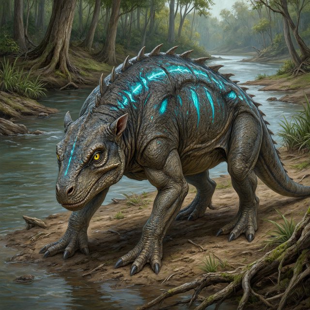 Creature design: a six-legged amphibious grazer with bioluminescent markings, shown on a riverbank, painterly. — Qwen Image 3.0 Pro