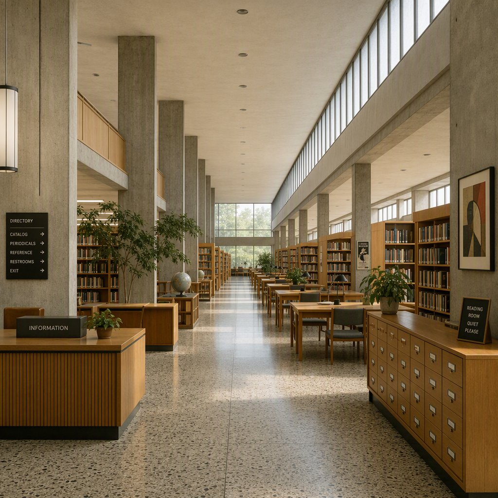 Interior of a mid-century modernist public library, with pale oak shelving, exposed concrete columns, terrazzo flooring, and a broad clerestory. Diffuse morning light crosses the reading hall, viewed from the entrance down its central aisle, with precise lines and plausible structure. — GPT Image 2