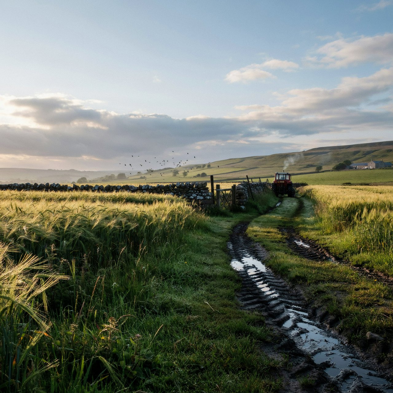 Golden barley fields ripple beneath a vast sky as a cool morning breeze follows overnight showers; muddy tractor furrows glisten in the foreground, guiding the eye past a weathered stone boundary toward low hills under broken clouds. — Ideogram v4