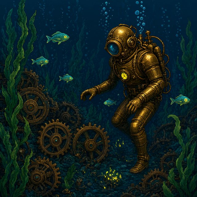 A brass-suited adult diver explores a submerged clockwork garden, where kelp curls around sunken gears and tiny fish glow in the dark; pixel art illustration, palette of teal, copper, midnight blue, and lemon yellow. — Qwen Image 3.0 Pro