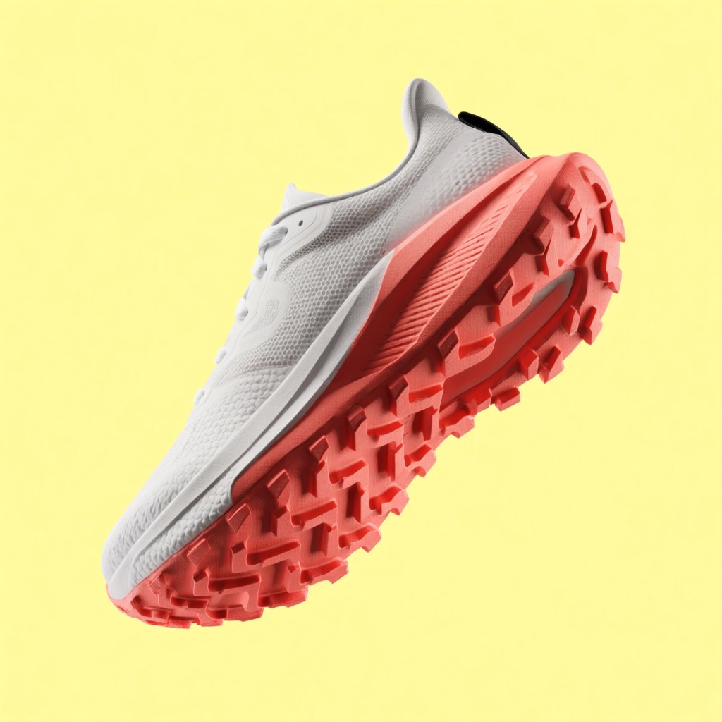 A white running sneaker with a coral sole floating at a slight angle over a pastel yellow background, studio lighting, no shadow on the backdrop. — Krea 2 Medium