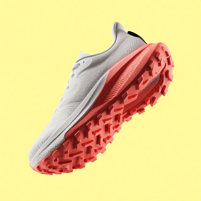 A white running sneaker with a coral sole floating at a slight angle over a pastel yellow background, studio lighting, no shadow on the backdrop. — Krea 2 Medium
