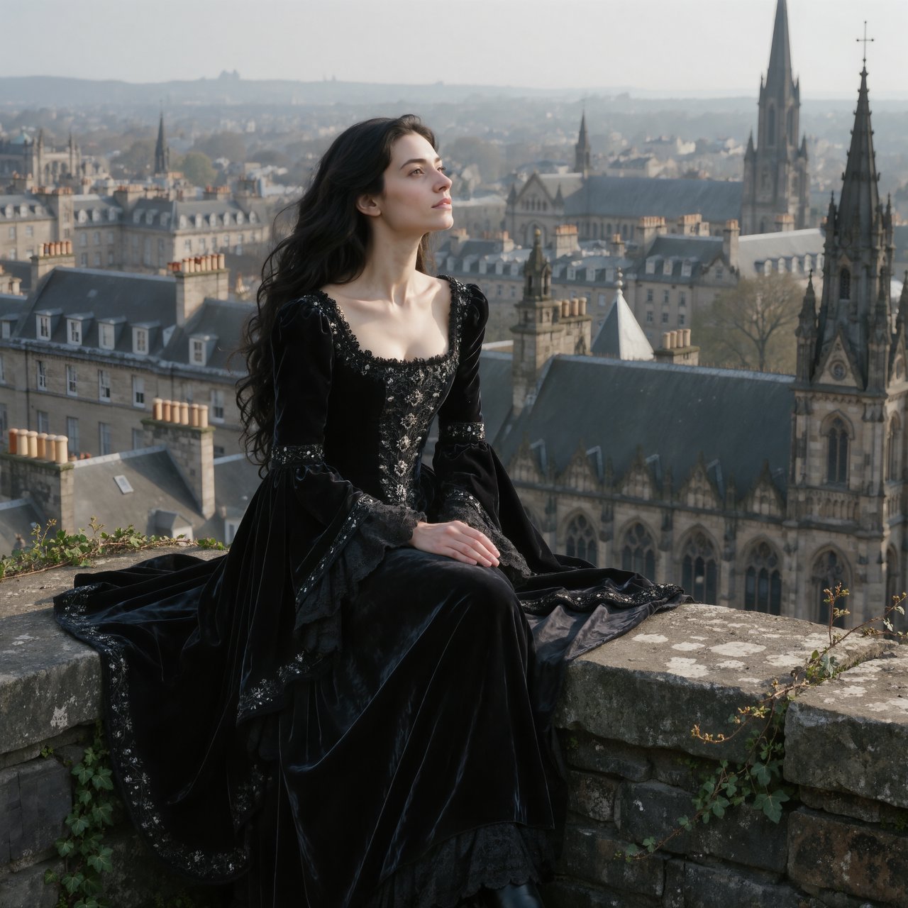 A whimsical gothic woman sitting on a ledge overlooking the city. — Kling v3 Omni
