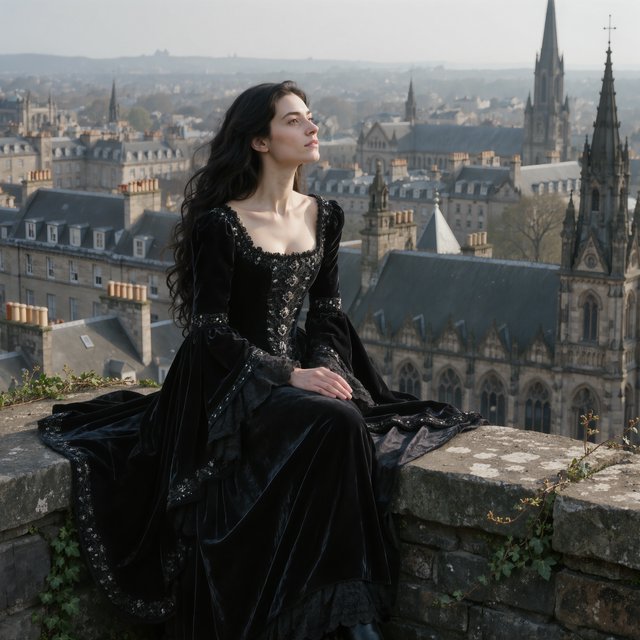 A whimsical gothic woman sitting on a ledge overlooking the city. — Kling v3 Omni