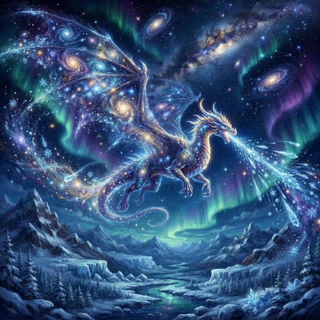 A majestic dragon made of pure starlight and frozen cosmic dust, soaring through a celestial winter landscape. Its scales shimmer with the light of a thousand galaxies, and its breath is a trail of icy comets. The background features swirling aurora borealis over a frozen, mountainous terrain. The style is a blend of painterly fantasy art and surrealism. — Nano Banana 2 Lite