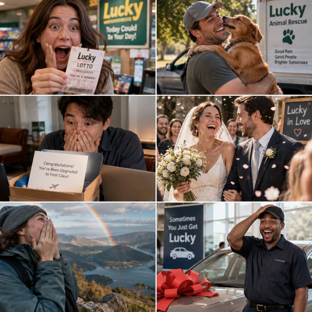 4–6 realistic scenes of people having the luckiest day of their lives. The word “Lucky” should appear at least twice in the image, and seem totally in place and seamless. The whole vibe is pretty much lucky moments that were unexpected but very welcome. — GPT Image 2.5 Sunburst