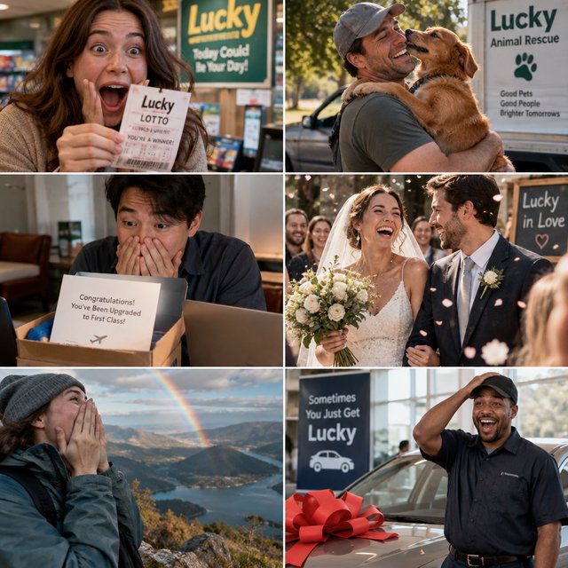 4–6 realistic scenes of people having the luckiest day of their lives. The word “Lucky” should appear at least twice in the image, and seem totally in place and seamless. The whole vibe is pretty much lucky moments that were unexpected but very welcome. — GPT Image 2.5 Sunburst