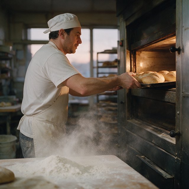 Candid documentary photograph of an adult baker sliding a tray of bread into a neighborhood bakery oven, warm oven glow mixing with gray dawn window light, 35mm lens with moderate depth of field, flour dust suspended above the workbench. — Seedream 5.0 Pro