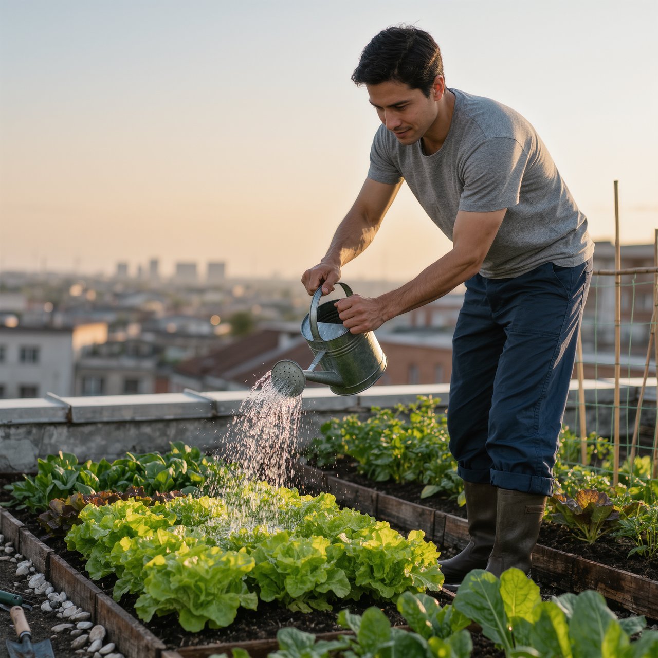 Candid documentary photograph of an adult tending a rooftop vegetable garden in the late afternoon, soft side light, 50mm lens with moderate depth of field, water droplets glinting on freshly watered leaves. — Kling v3 Omni