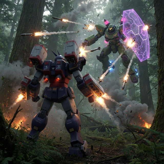 A dramatic cinematic scene of a towering 20-meter futuristic mecha standing in a dense forest, viewed from behind as the main focus. Its design is sleek, angular, and elegant, with a classic retro-futurist Japanese mecha aesthetic. Shoulder missile pods fire a volley of missiles toward an enemy mecha of a different but similarly styled design. The enemy mecha hovers in the air ahead, blocking the incoming missiles with a large arm-mounted energy shield. Dynamic action, smoke trails, forest scale, and intense battle atmosphere. — Grok Imagine Image Quality