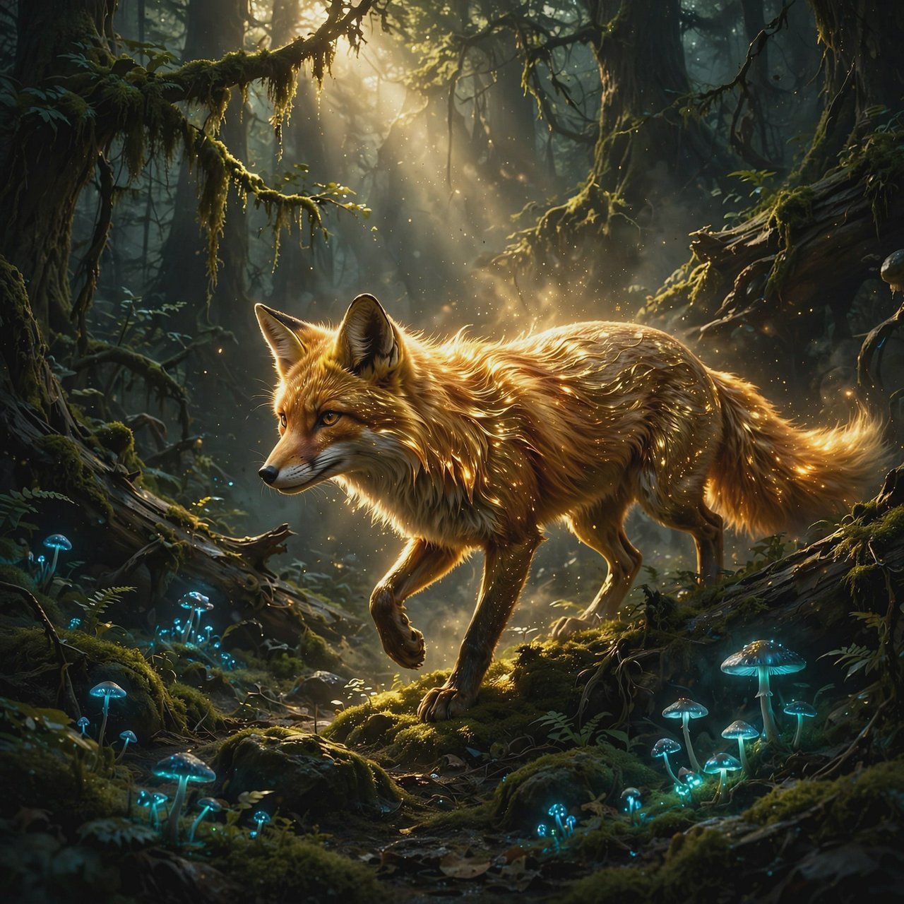 A cunning fox with fur like molten gold cautiously steps through a dense, ancient forest. Shafts of light pierce the canopy, illuminating dust motes dancing in the air. Strange, glowing mushrooms cast an otherworldly light on the moss-covered ground. The style is a blend of dark fantasy illustration and hyperrealism, with a focus on dramatic, cinematic lighting. — Muse Image 1.0