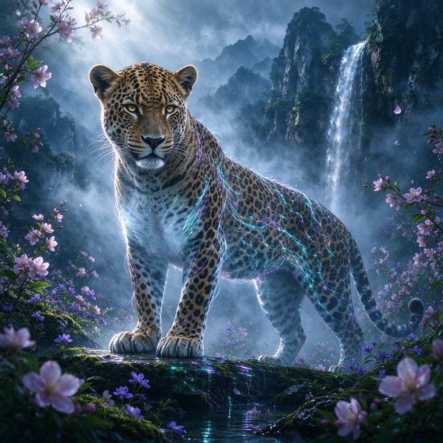 A majestic leopard, its fur detailed in intricate glowing fiber optics, emerges from a dreamlike, mist-shrouded floral mountain landscape with a waterfall in the background. The scene is bathed in ethereal light, evoking a sense of awe and wonder. — Seedream 5.0 Flash