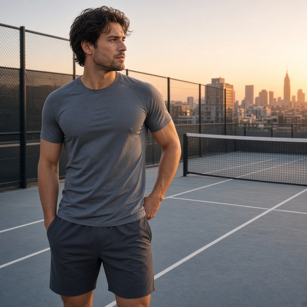 Editorial glamour photograph of an adult man in a slate-gray fitness set, pausing naturally beside a rooftop tennis court at sunrise, soft flattering light catching his focused expression and the city skyline beyond. — Grok Imagine Image 2