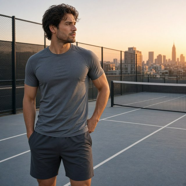Editorial glamour photograph of an adult man in a slate-gray fitness set, pausing naturally beside a rooftop tennis court at sunrise, soft flattering light catching his focused expression and the city skyline beyond. — Grok Imagine Image 2