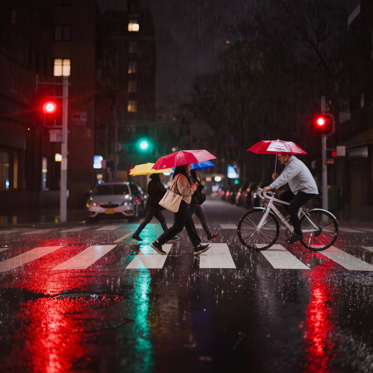 A rain-soaked city crosswalk at night seen from across the street, umbrellas, reflections of traffic lights on wet asphalt, slight motion blur on a passing cyclist. — Kling v3