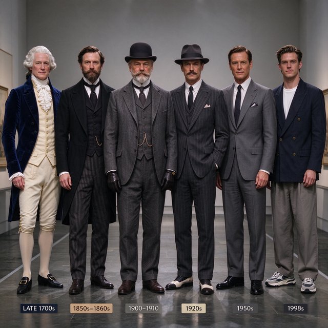 A realistic image only, showing nice outfits worn by adult men from at least 4–6 different eras. Mention the time range for each era. — Seedream 5.0 Flash