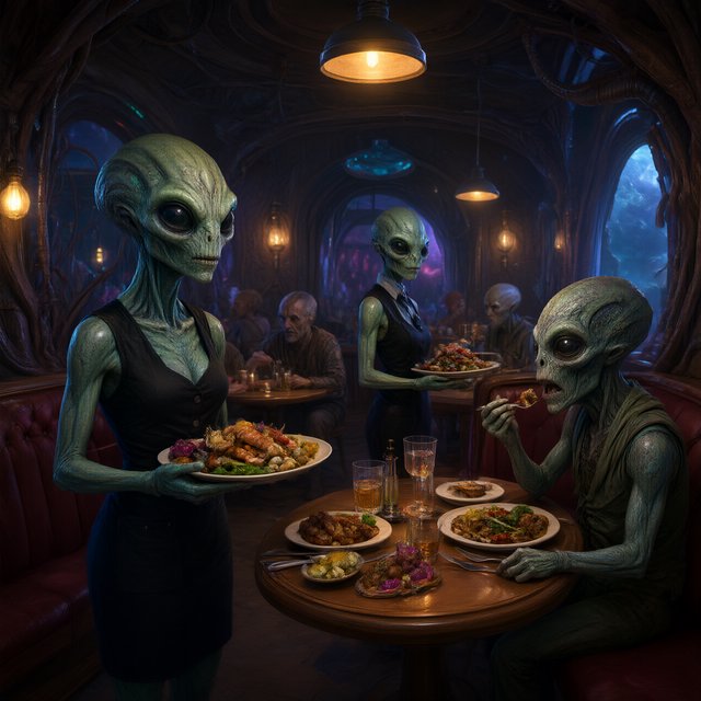 An alien restaurant on a strange planet. The interior is well lit, but the décor is very strange and out of this world. Alien waitresses are bringing in platters of food. Alien diners are eating very unusual dishes. — Qwen Image 3.0