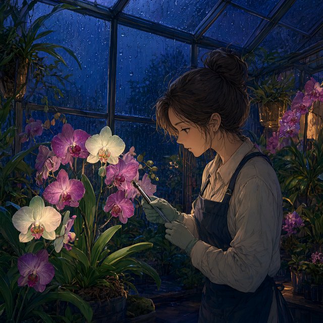 Rain beads on a rooftop greenhouse as an adult botanist studies luminous night-blooming orchids beneath glass panes; cel-shaded anime illustration in digital paint, palette of jade, magenta, indigo, and warm amber. — Qwen Image 3.0 Pro