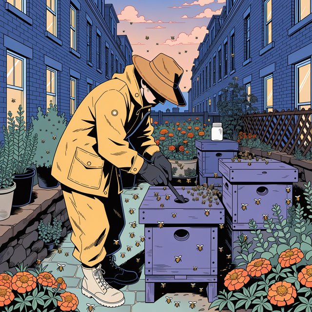 Cel-shaded anime illustration of an adult rooftop beekeeper tending lively hives among marigolds and herbs at dusk, with bees drifting past distant windows. Palette of saffron, violet, mint, and midnight blue, crisp contours and gentle gradients. — Recraft v4 Pro