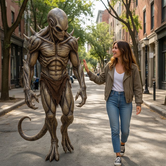 Alien monster walking down the street, greeting a beautiful woman walking toward him down the street on a lovely sunny day! — Qwen Image 3.0