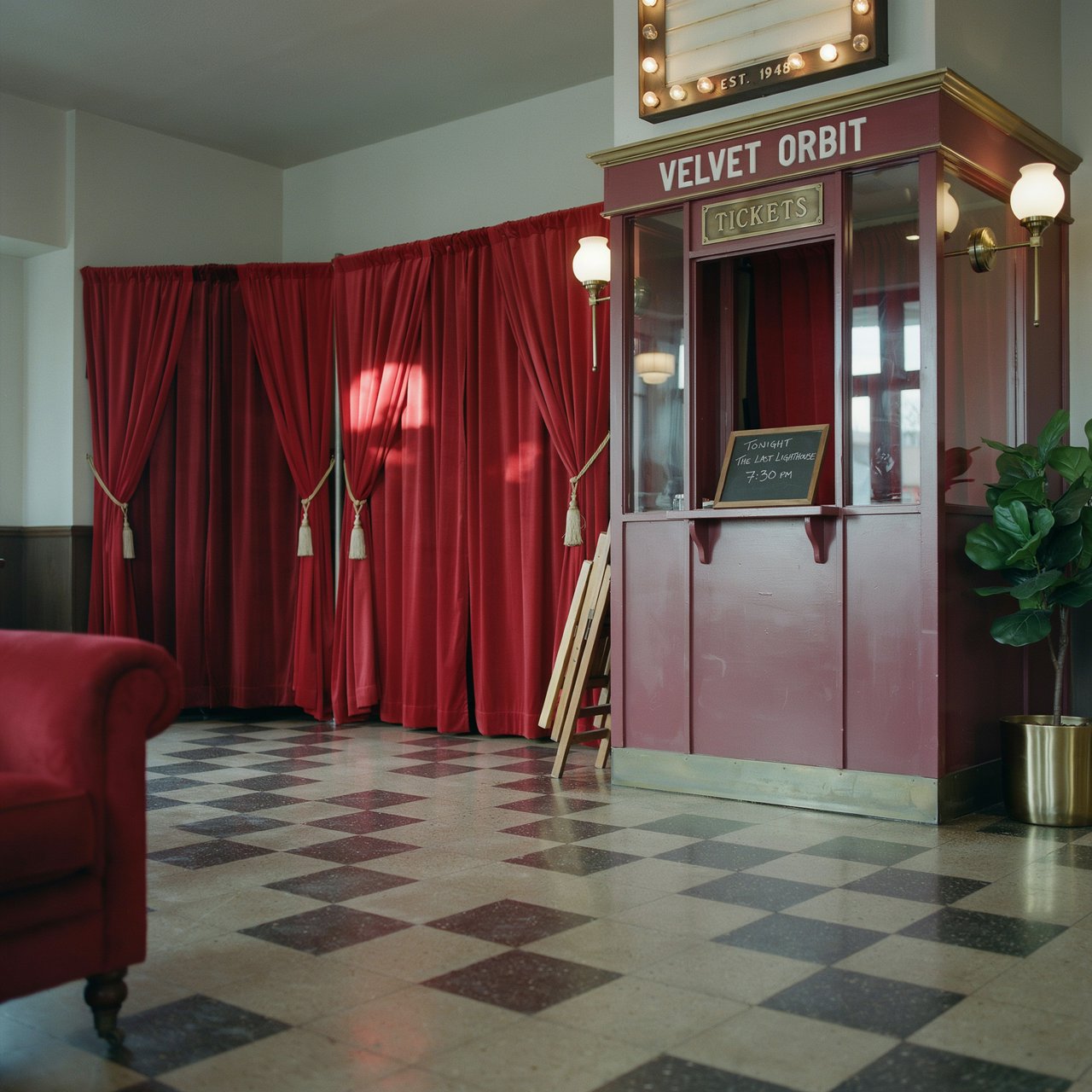 In a restored neighborhood cinema, brass sconces illuminate velvet curtains and a glass ticket booth; "VELVET ORBIT" is painted in ivory block letters across the booth’s burgundy fascia. — Ideogram v4