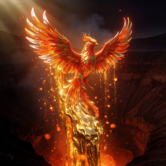 A majestic phoenix rising from a cascade of molten gold and shimmering embers against a backdrop of a dark, volcanic caldera. Its feathers are ablaze with brilliant oranges, reds, and fiery yellows. The air around it crackles with heat and energy. Style: Epic fantasy art with dynamic composition and vibrant color contrast — Krea 2 Large