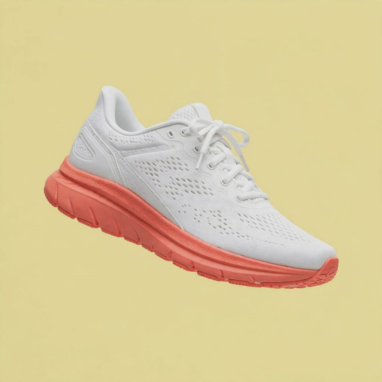 A white running sneaker with a coral sole floating at a slight angle over a pastel yellow background, studio lighting, no shadow on the backdrop. — Muse Image 1.0
