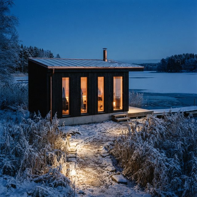 Exterior of a Scandinavian modernist lakeside sauna pavilion, blackened timber cladding, pale granite plinth, copper roof, winter blue-hour light glowing through narrow windows, viewed from a snowy reed-lined path, straight structural geometry and plausible construction. — Nano Banana 2 Lite
