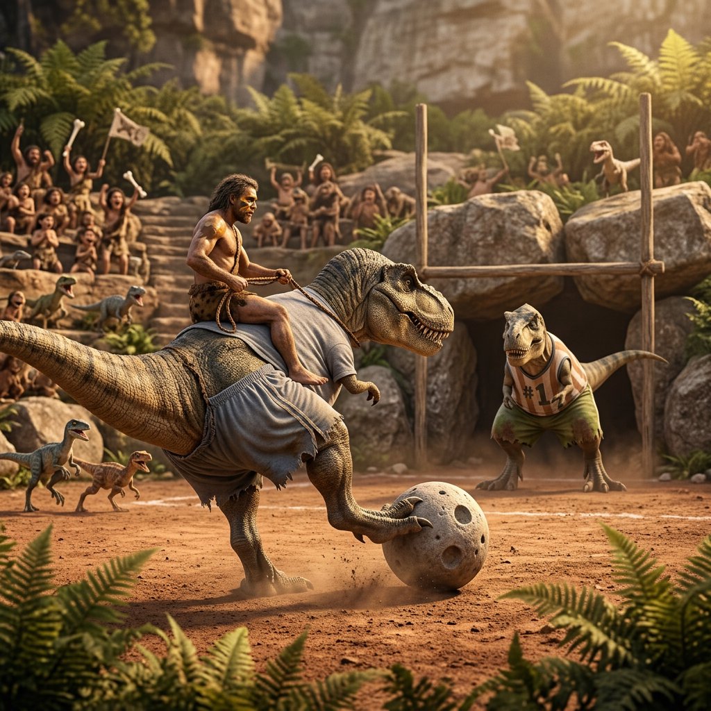 Wide shot of a golden-hour prehistoric football match, photorealistic, cinematic. A weathered, muscular adult caveman with ochre face paint sits upright on a plump medium T-Rex's back, gripping a braided leather leash. The mounted T-Rex strains mid-kick, wearing a tiny faded grey cotton T-shirt riding up over its scaled shoulders and frayed athletic shorts bunched at its hips, one massive clawed foot cocked back behind a pockmarked 3ft stone football. A weathered timber goalpost stands 20 yards ahead; the opposing T-Rex goalie hunches ready in a sleeveless striped jersey #1 and grass-stained shorts, claws dug into dusty red earth. Sunlit bleachers line the natural rock arena: cheering adult cave families wave bone flags, assorted small dinosaurs bounce and roar along the sidelines, warm late-afternoon light gilds fern fronds and dinosaur scales, soft long shadows stretch across the playing field, playful triumphant atmosphere, sharp focus on the kicking T-Rex, shallow depth of field on spectators. — Nano Banana 2.1