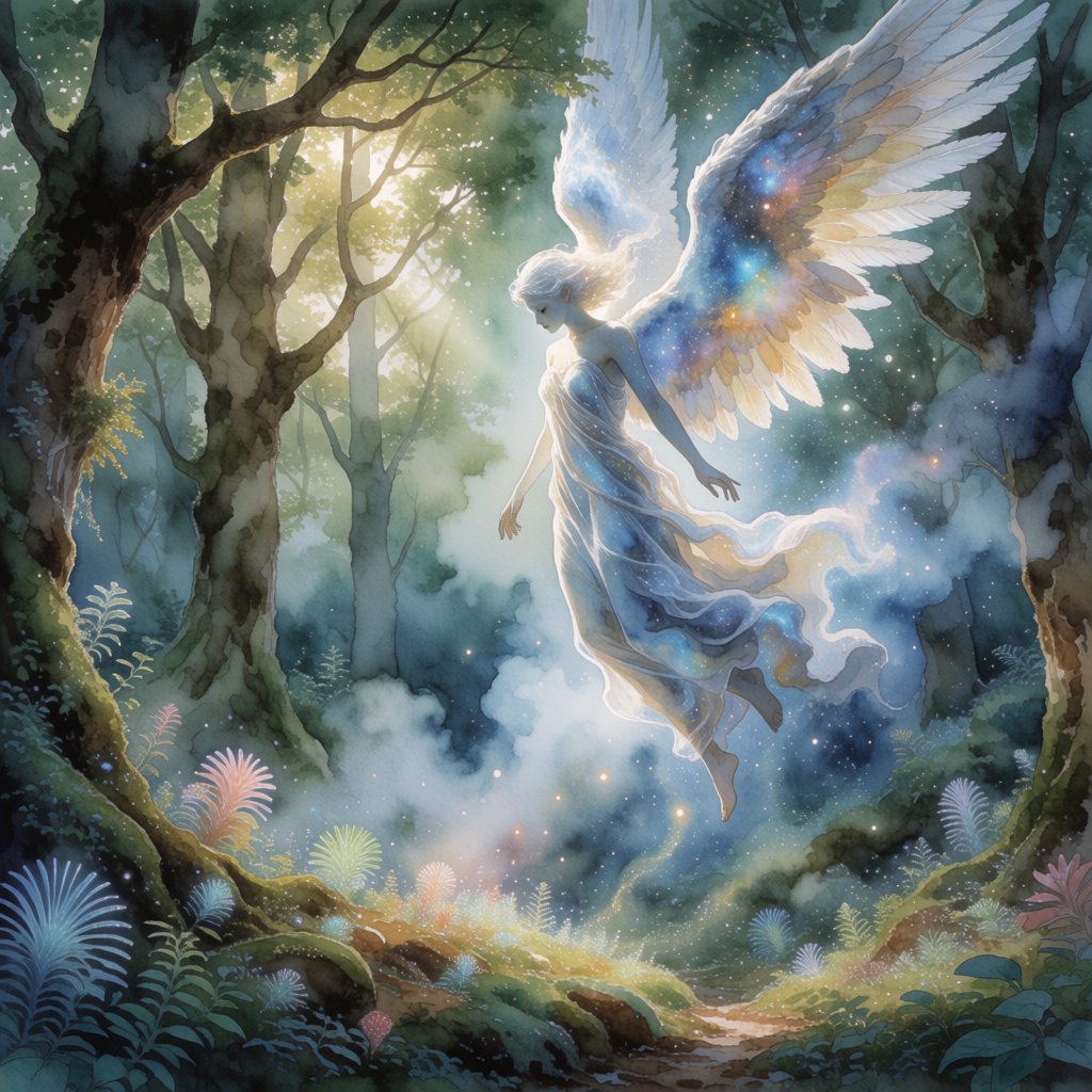 A lone angel with feathered wings, composed of swirling cosmic dust and nebulae, descends into a quiet, enchanted forest. Sunlight filters through the ancient canopy, illuminating wisps of mist and the vibrant, otherworldly plants below. The style is a fusion of hyper-detailed fantasy illustration and soft watercolor techniques, with the polished finish of concept art. — Krea 2 Medium