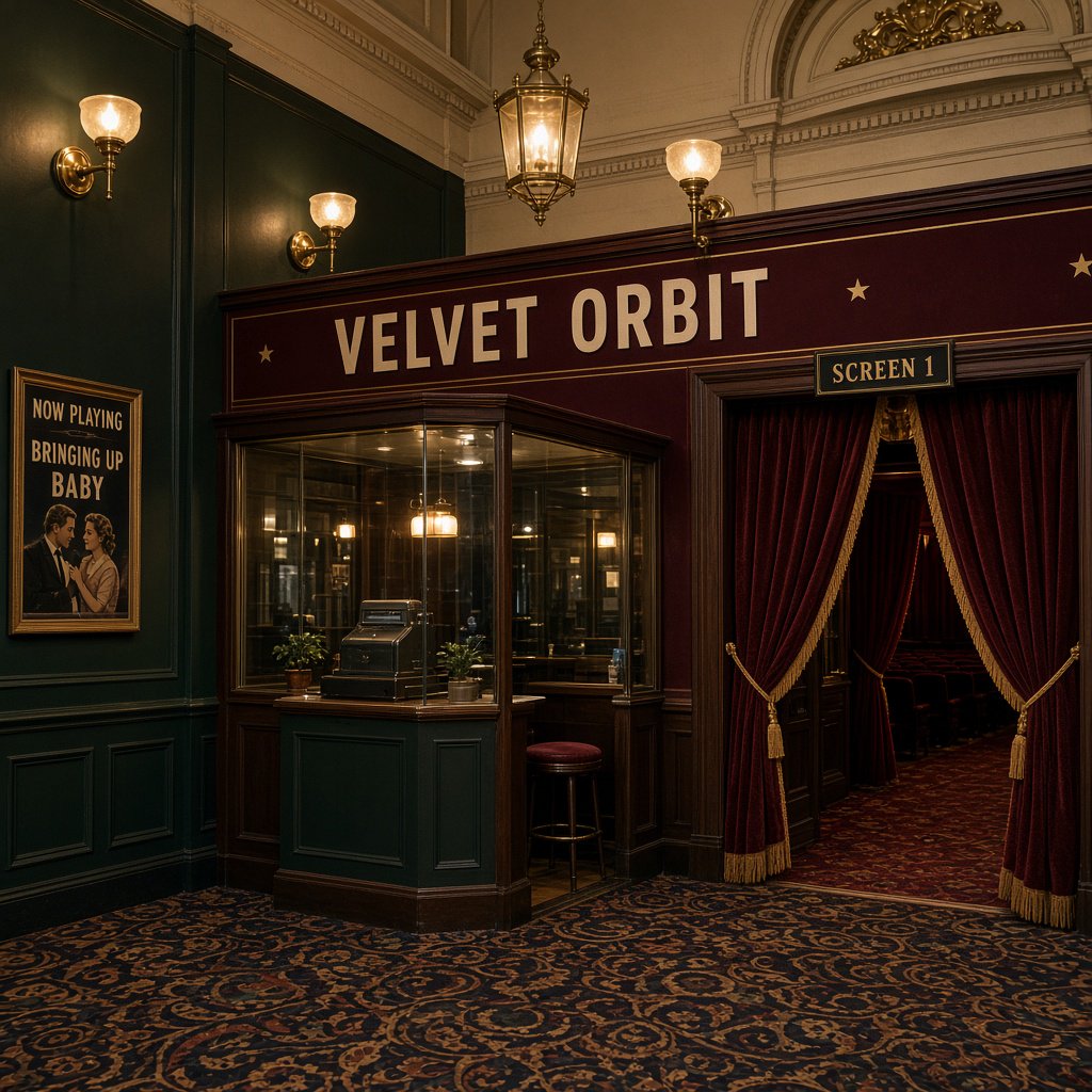 In a restored neighborhood cinema, brass sconces illuminate velvet curtains and a glass ticket booth; "VELVET ORBIT" is painted in ivory block letters across the booth’s burgundy fascia. — Grok Imagine Image 2