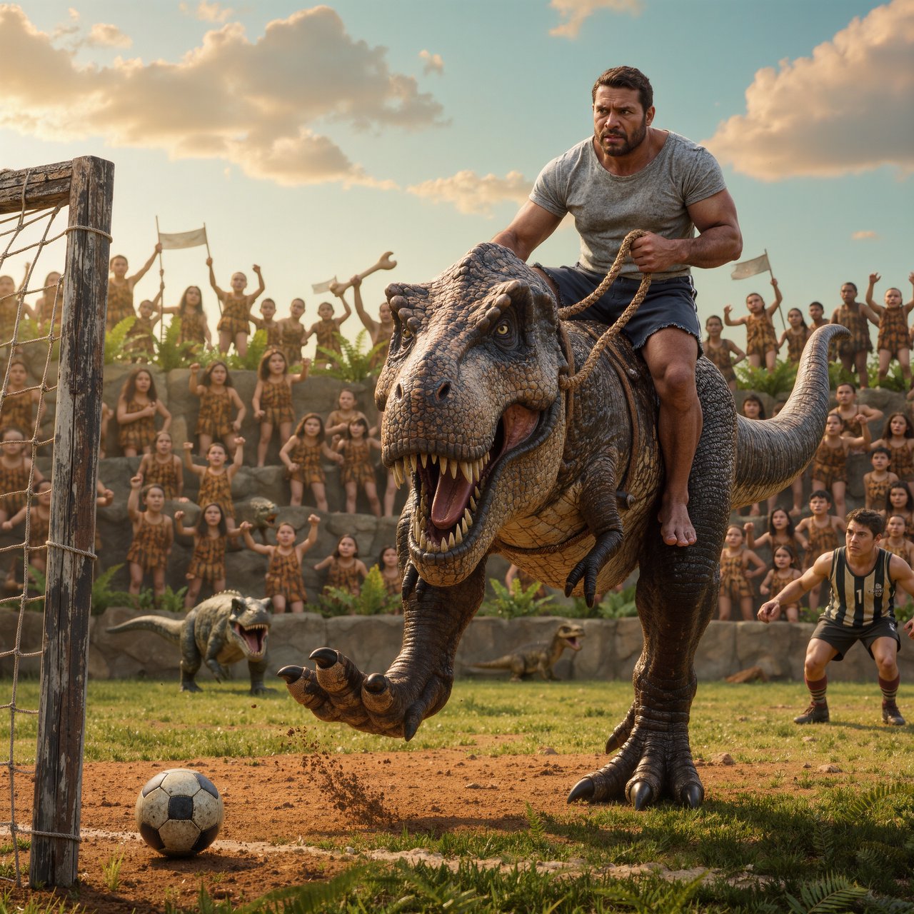 Wide shot of a golden-hour prehistoric football match, photorealistic, cinematic. A weathered, muscular adult caveman with ochre face paint sits upright on a plump medium T-Rex's back, gripping a braided leather leash. The mounted T-Rex strains mid-kick, wearing a tiny faded grey cotton T-shirt riding up over its scaled shoulders and frayed athletic shorts bunched at its hips, one massive clawed foot cocked back behind a pockmarked 3ft stone football. A weathered timber goalpost stands 20 yards ahead; the opposing T-Rex goalie hunches ready in a sleeveless striped jersey #1 and grass-stained shorts, claws dug into dusty red earth. Sunlit bleachers line the natural rock arena: cheering adult cave families wave bone flags, assorted small dinosaurs bounce and roar along the sidelines, warm late-afternoon light gilds fern fronds and dinosaur scales, soft long shadows stretch across the playing field, playful triumphant atmosphere, sharp focus on the kicking T-Rex, shallow depth of field on spectators. — Kling v3 Omni