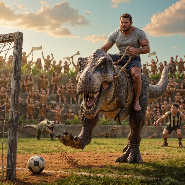 Wide shot of a golden-hour prehistoric football match, photorealistic, cinematic. A weathered, muscular adult caveman with ochre face paint sits upright on a plump medium T-Rex's back, gripping a braided leather leash. The mounted T-Rex strains mid-kick, wearing a tiny faded grey cotton T-shirt riding up over its scaled shoulders and frayed athletic shorts bunched at its hips, one massive clawed foot cocked back behind a pockmarked 3ft stone football. A weathered timber goalpost stands 20 yards ahead; the opposing T-Rex goalie hunches ready in a sleeveless striped jersey #1 and grass-stained shorts, claws dug into dusty red earth. Sunlit bleachers line the natural rock arena: cheering adult cave families wave bone flags, assorted small dinosaurs bounce and roar along the sidelines, warm late-afternoon light gilds fern fronds and dinosaur scales, soft long shadows stretch across the playing field, playful triumphant atmosphere, sharp focus on the kicking T-Rex, shallow depth of field on spectators. — Kling v3 Omni