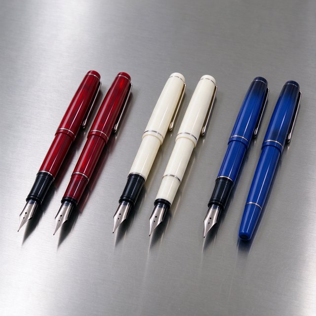 Across a brushed steel counter, exactly six fountain pens rest in three groups: two crimson pens on the left, two ivory pens in the center, and two cobalt pens on the right; nothing else. — Seedream 5.0 Flash