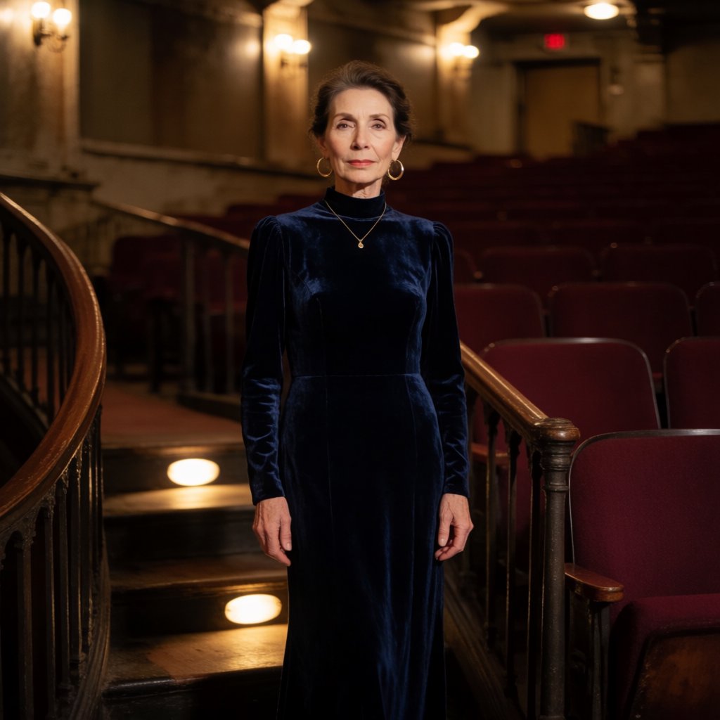 Editorial glamour photograph of an adult woman in a midnight-blue velvet evening gown, standing naturally beside a curved staircase in an old theatre, warm flattering sconce light, relaxed shoulders, poised expression, refined cinematic elegance. — Krea 2 Medium