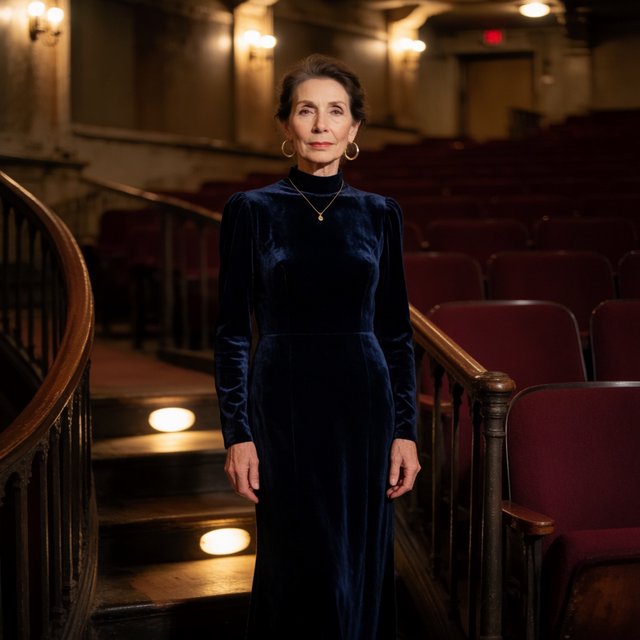 Editorial glamour photograph of an adult woman in a midnight-blue velvet evening gown, standing naturally beside a curved staircase in an old theatre, warm flattering sconce light, relaxed shoulders, poised expression, refined cinematic elegance. — Krea 2 Medium
