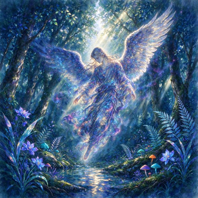 A lone angel with feathered wings, composed of swirling cosmic dust and nebulae, descends into a quiet, enchanted forest. Sunlight filters through the ancient canopy, illuminating wisps of mist and the vibrant, otherworldly plants below. The style is a fusion of hyper-detailed fantasy illustration and soft watercolor techniques, with the polished finish of concept art. — Seedream 5.0 Flash
