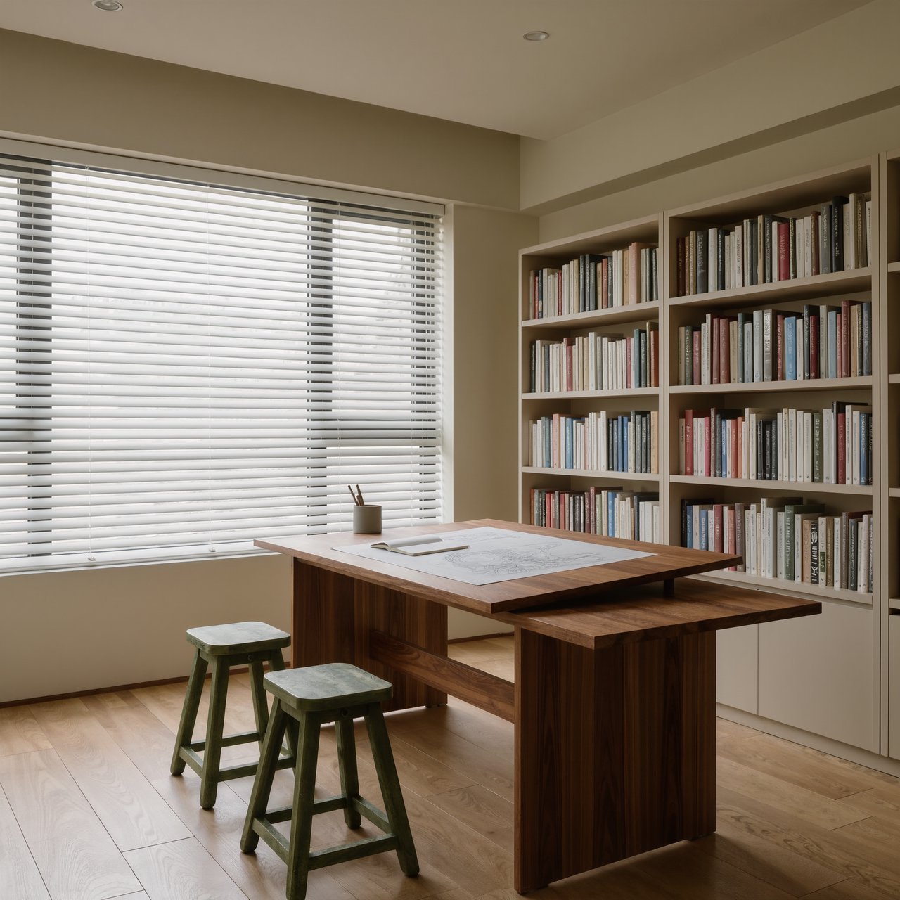 A quiet mapmaking room contains exactly one walnut drafting desk at the center, two moss-green stools side by side along its west edge, and one cream bookcase against the north wall; pale morning light, nothing else. — Kling v3 Omni