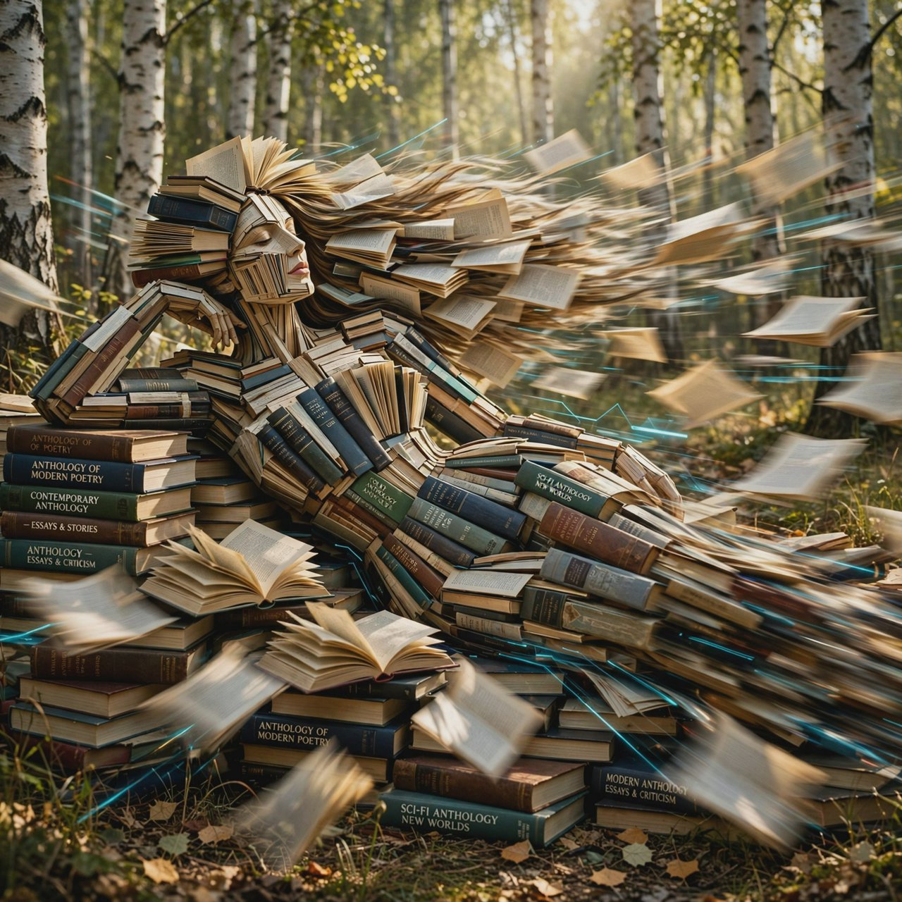Create an adult odalisque entirely made of anthologies. The odalisque is formed from an anthology, with movement and motion blur that clearly shows its composition. The material should appear high quality, with dappled sunlight. The background is a birch forest, and the overall mood is Futurism. — Muse Image 1.0
