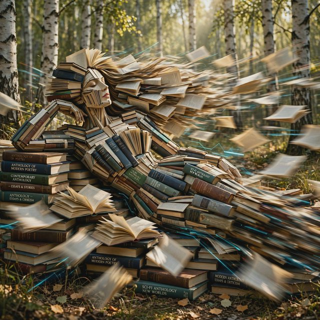 Create an adult odalisque entirely made of anthologies. The odalisque is formed from an anthology, with movement and motion blur that clearly shows its composition. The material should appear high quality, with dappled sunlight. The background is a birch forest, and the overall mood is Futurism. — Muse Image 1.0