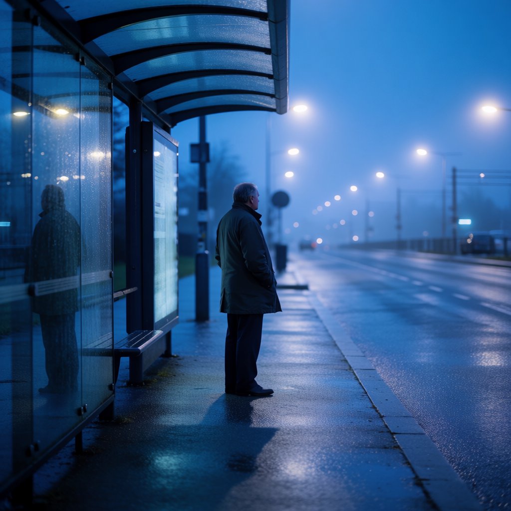 Candid documentary photograph of an adult waiting beside a city bus shelter at dawn, sodium streetlights fading into cool blue daylight, 50mm lens with shallow depth of field, fine rain droplets clinging to the shelter glass. — Krea 2 Medium
