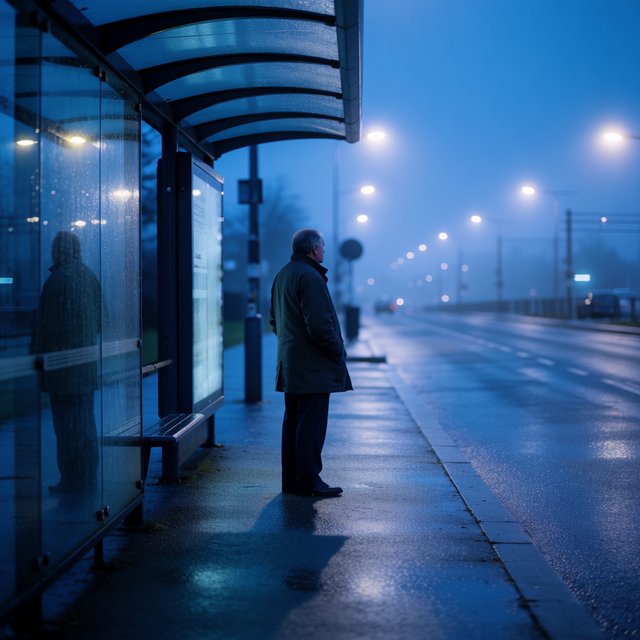 Candid documentary photograph of an adult waiting beside a city bus shelter at dawn, sodium streetlights fading into cool blue daylight, 50mm lens with shallow depth of field, fine rain droplets clinging to the shelter glass. — Krea 2 Medium