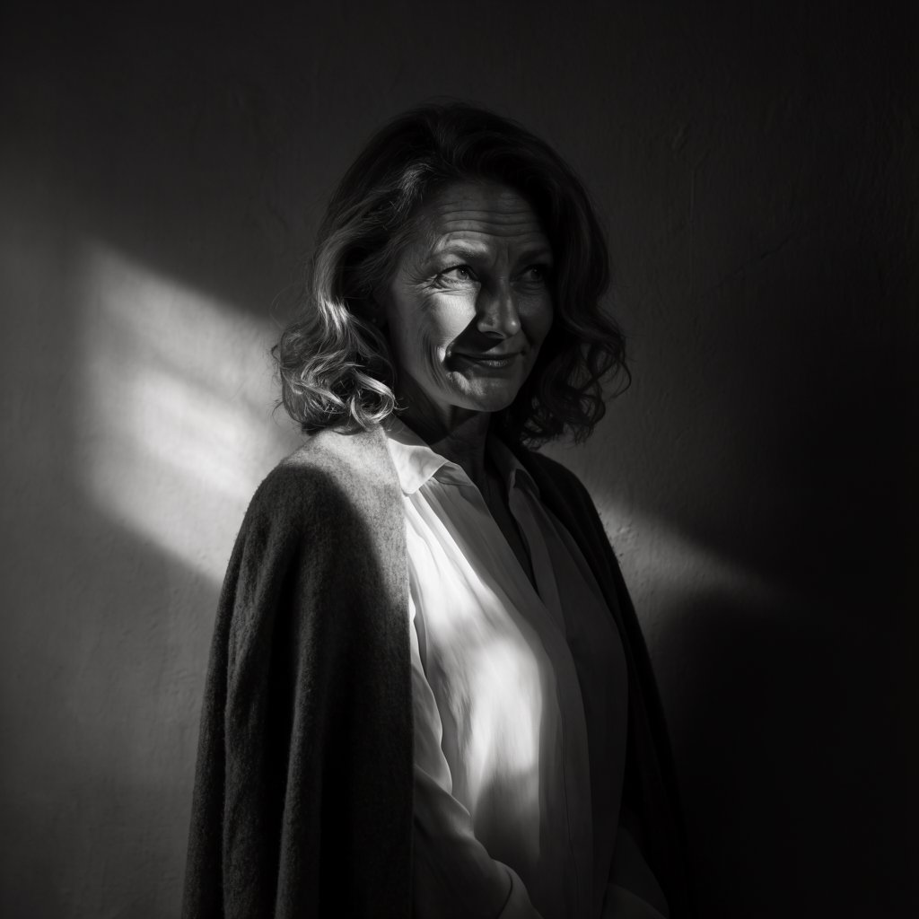 Under a narrow window beam, an adult woman in her late 50s wears a sculpted wool cape over a cotton blouse; her wry expression rests against a charcoal plaster backdrop in a black-and-white portrait, shaped by soft angled light. — Krea 2 Large